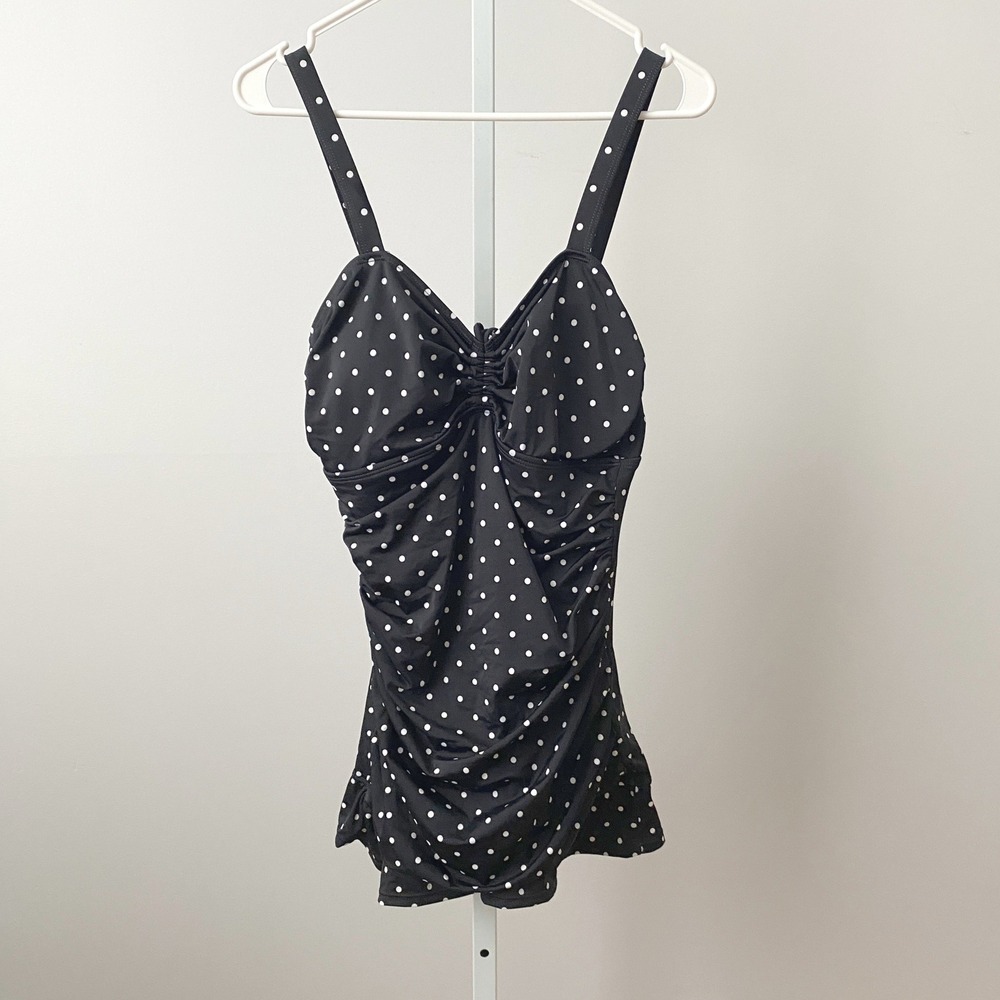 Septangle‎ Retro L Black Polka Dot Swimdress Ruched One Piece Swimsuit VTG Style